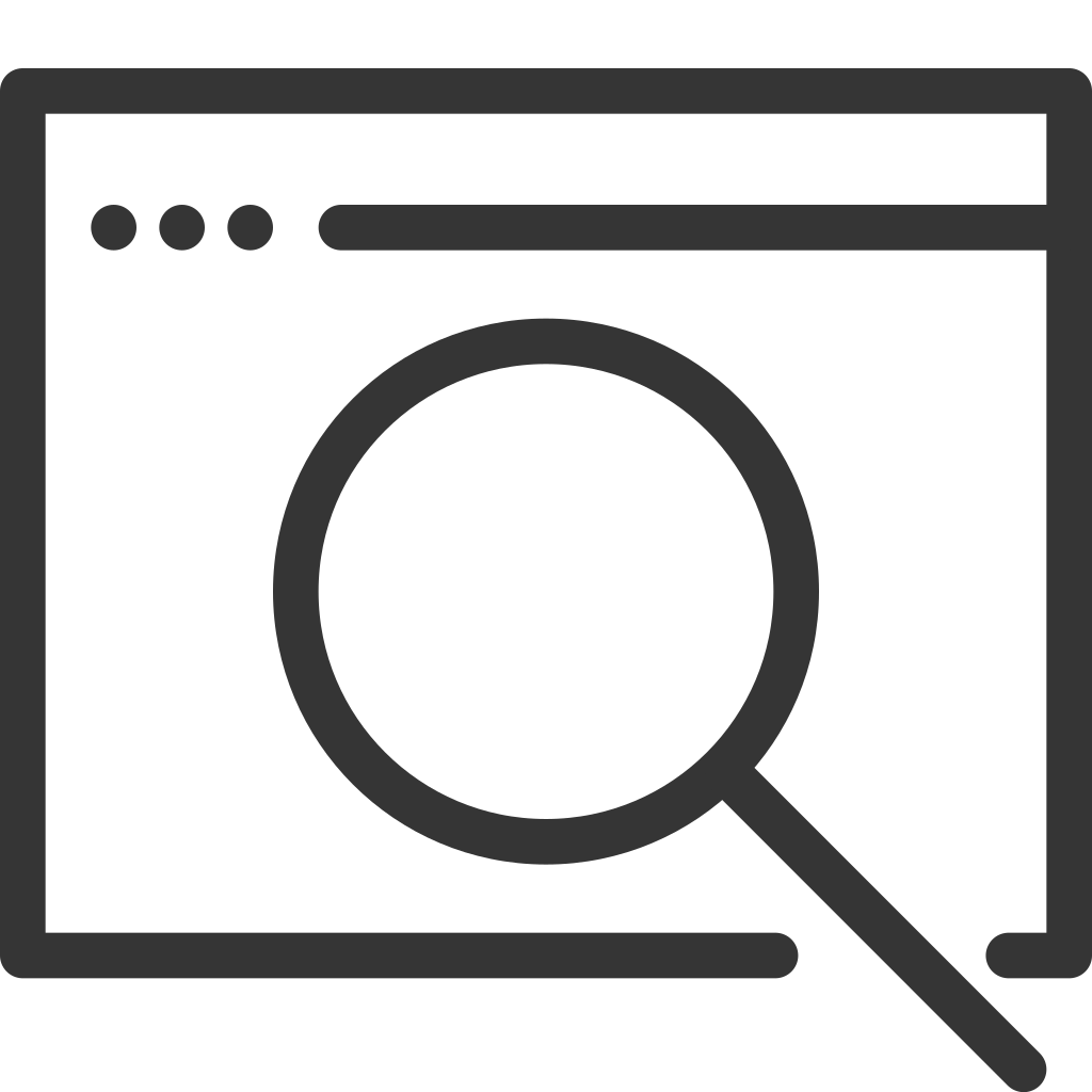 Magnifying glass over webpage, icon, keyword research, search engine optimization